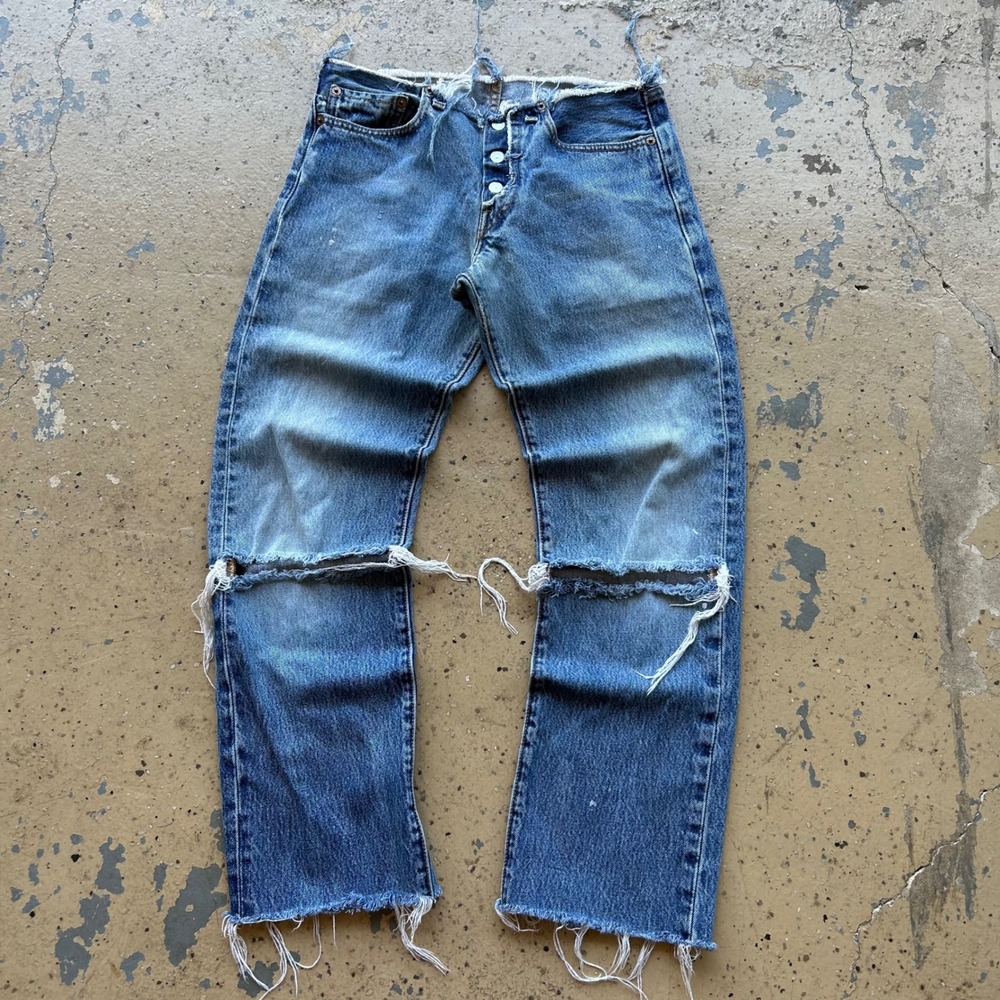 Vintage 90s Levis 501 Distressed Jeans 28x28 Blue Button Fly Straight Leg Denim